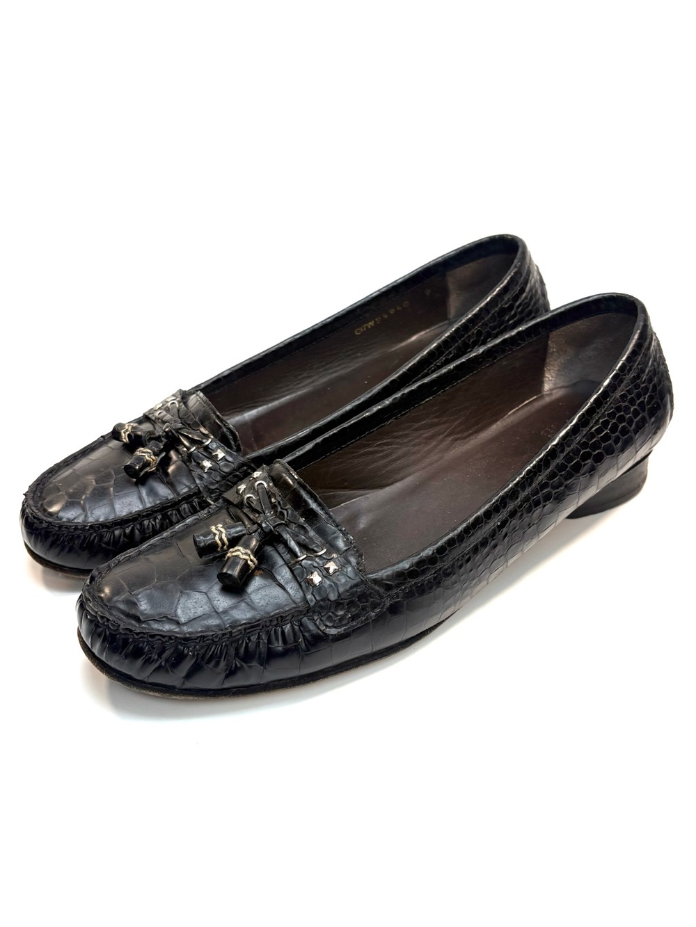 Stuart Weitzman Black Leather Croc-Embossed Loafers | 9